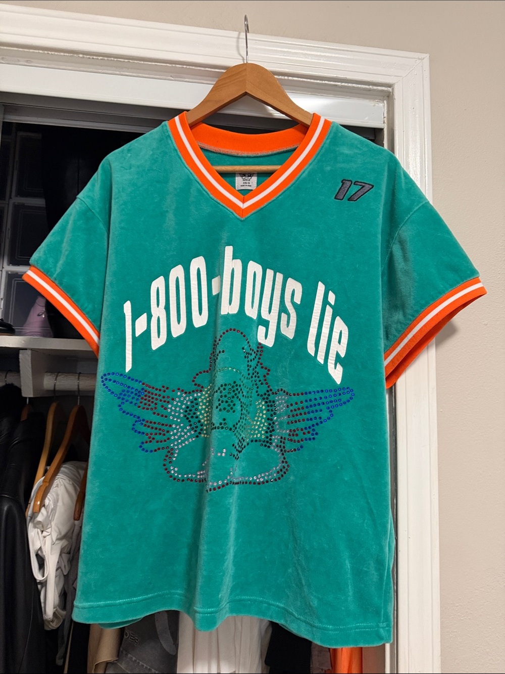 1-800-Boys Lie Teal Velour V-Neck Jersey